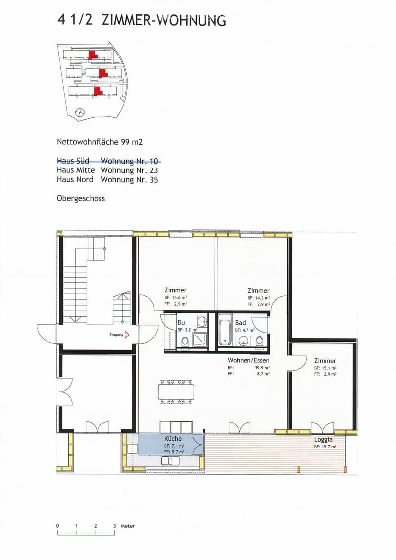 Floor plan of a 4.5-room apartment with 99 m² net living area. Layout includes living/dining area, kitchen, three bedrooms, bathroom, and a loggia.
