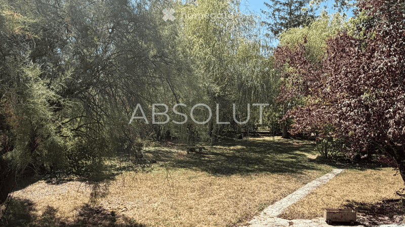A serene garden area with a stone pathway, lush greenery, and mature trees providing shade. The ground is covered with grass and mulch, and there are a few benches visible in the distance.