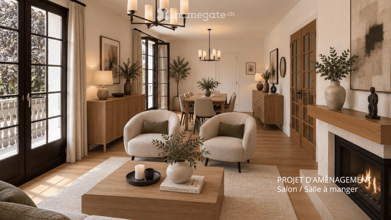 Modern living and dining area with a fireplace, large windows, and a mix of seating and dining furniture.