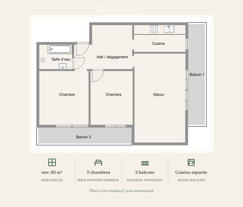 Floor plan of a 65 m² apartment with two bedrooms, a separate kitchen, a bathroom, a living room, and two balconies.