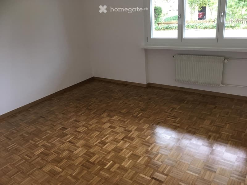 Empty room with wooden herringbone flooring, light-colored walls, and large windows with a radiator below them.