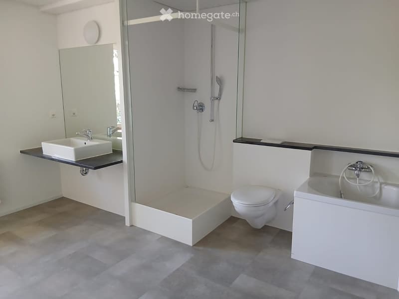Modern bathroom with a white sink, toilet, bathtub, and glass-enclosed shower. Features include a sleek black countertop and grey tiled flooring.