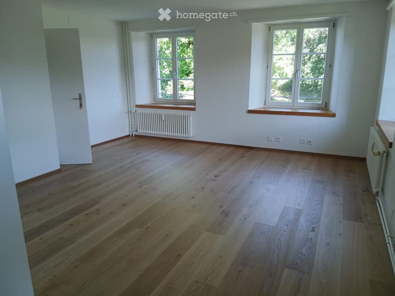 Empty room with light wooden flooring, white walls, and two windows with wooden sills. Radiators are visible beneath the windows.