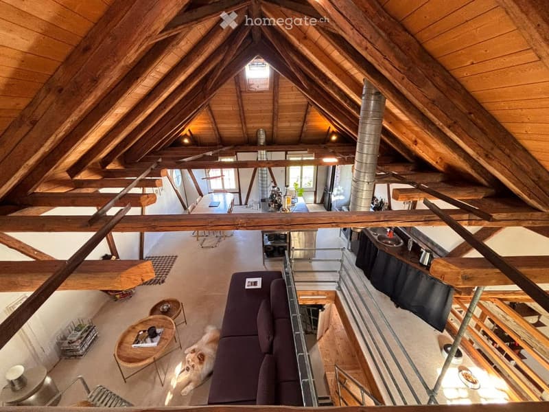 Open-plan attic space with exposed wooden beams, featuring a living area with a sofa, coffee table, and a dog, and a dining area with a table and chairs.