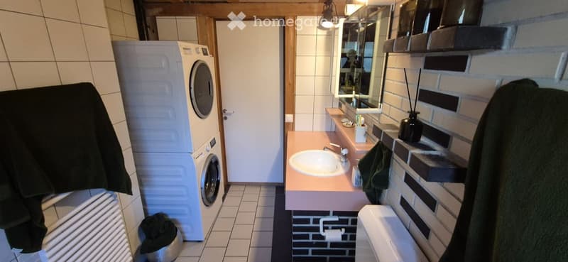 Bathroom with a sink, mirror, toilet, washing machine, and a towel hanging on the wall.