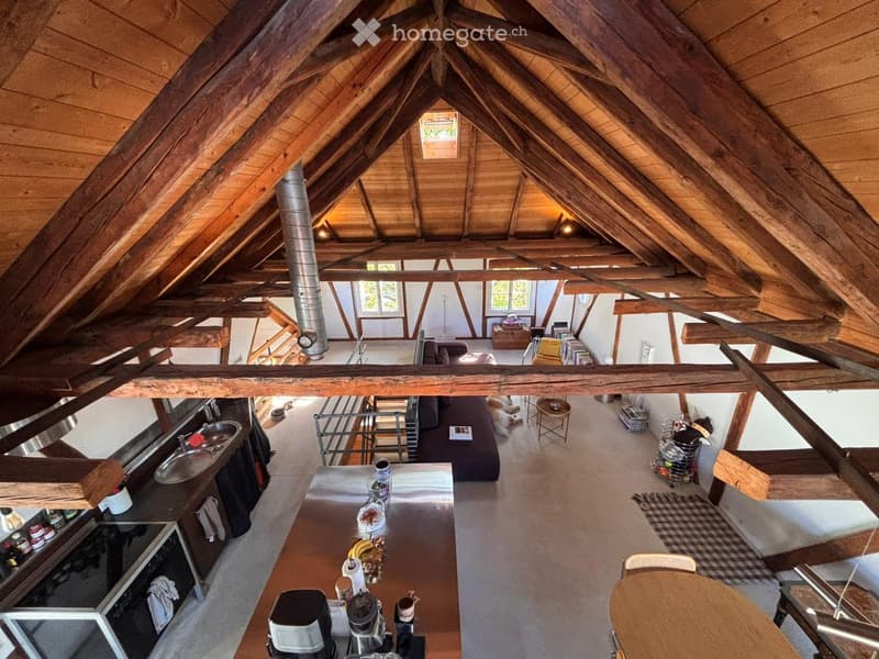 Open-plan attic space with exposed wooden beams, featuring a modern kitchen area with a stainless steel island, a living area with a sofa, and a dining area with a round wooden table and chairs.
