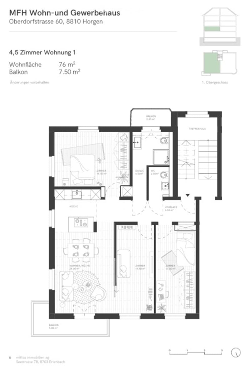 Floor plan of a 4.5-room apartment with living room, kitchen, two bedrooms, two bathrooms, and balcony.