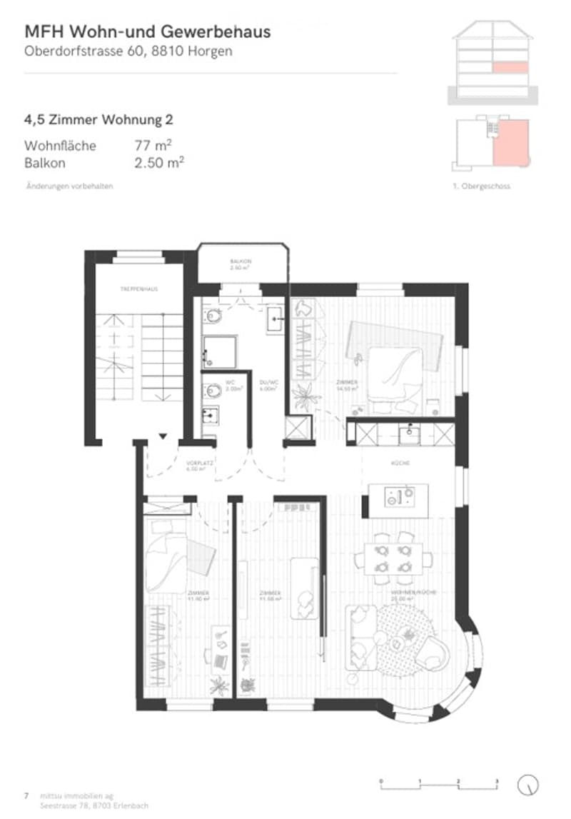 Floor plan of a 4.5-room apartment with a living room, kitchen, two bedrooms, two bathrooms, and a balcony.