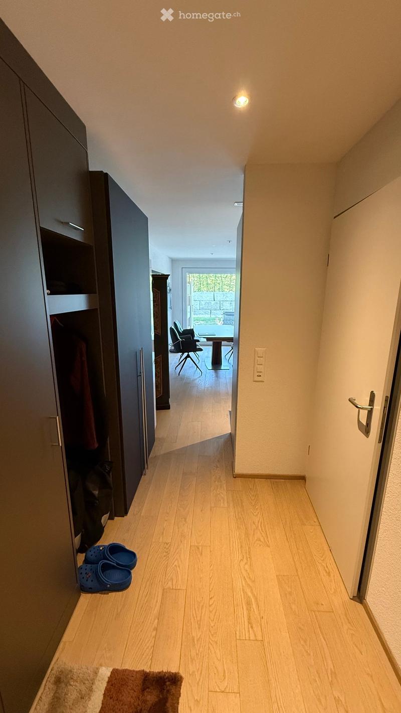 A narrow hallway with light wooden flooring, white walls, and a ceiling light. A pair of blue Crocs are placed near a dark-colored cabinet on the left, and a small brown rug lies on the floor. The hallway leads to an open area with a table and chairs visi