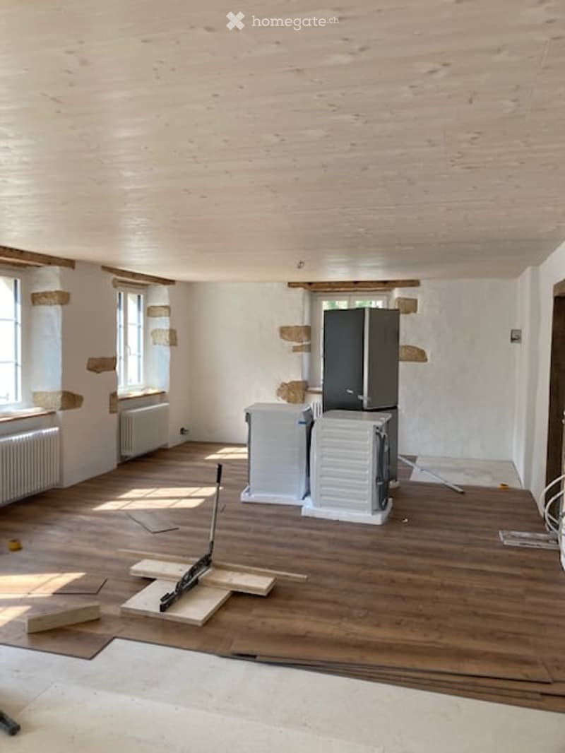 empty room, wooden floor, white walls, windows, radiators, appliances