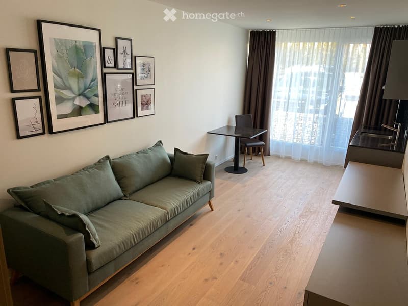 Green sofa, beige rug, wooden floor, dining table, kitchen area with sink, wall of art, window with white curtains