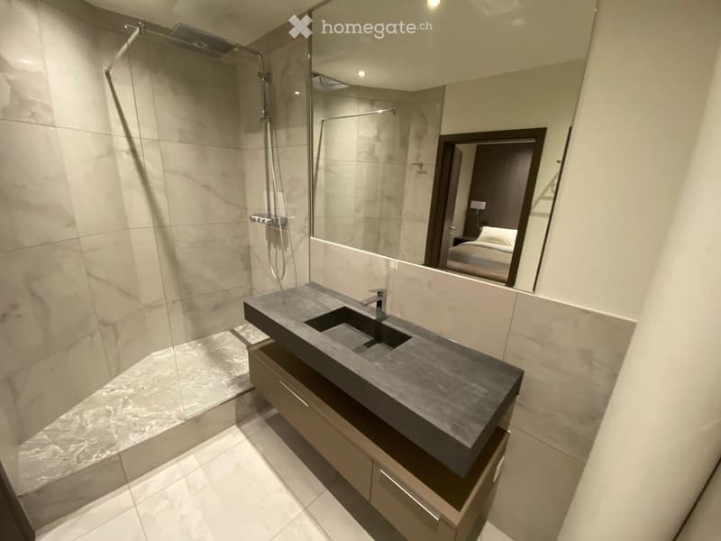 Modern bathroom with marble tiles, a large walk-in shower, a grey stone sink with faucet, and a mirror above the sink.