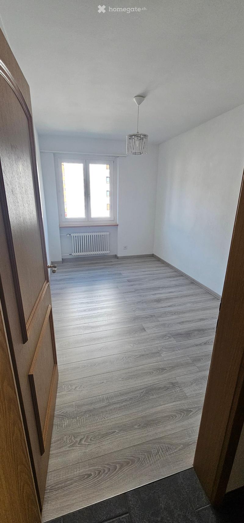 Empty room with light wooden flooring, white walls, a window with white frame, a radiator, and a hanging light fixture.