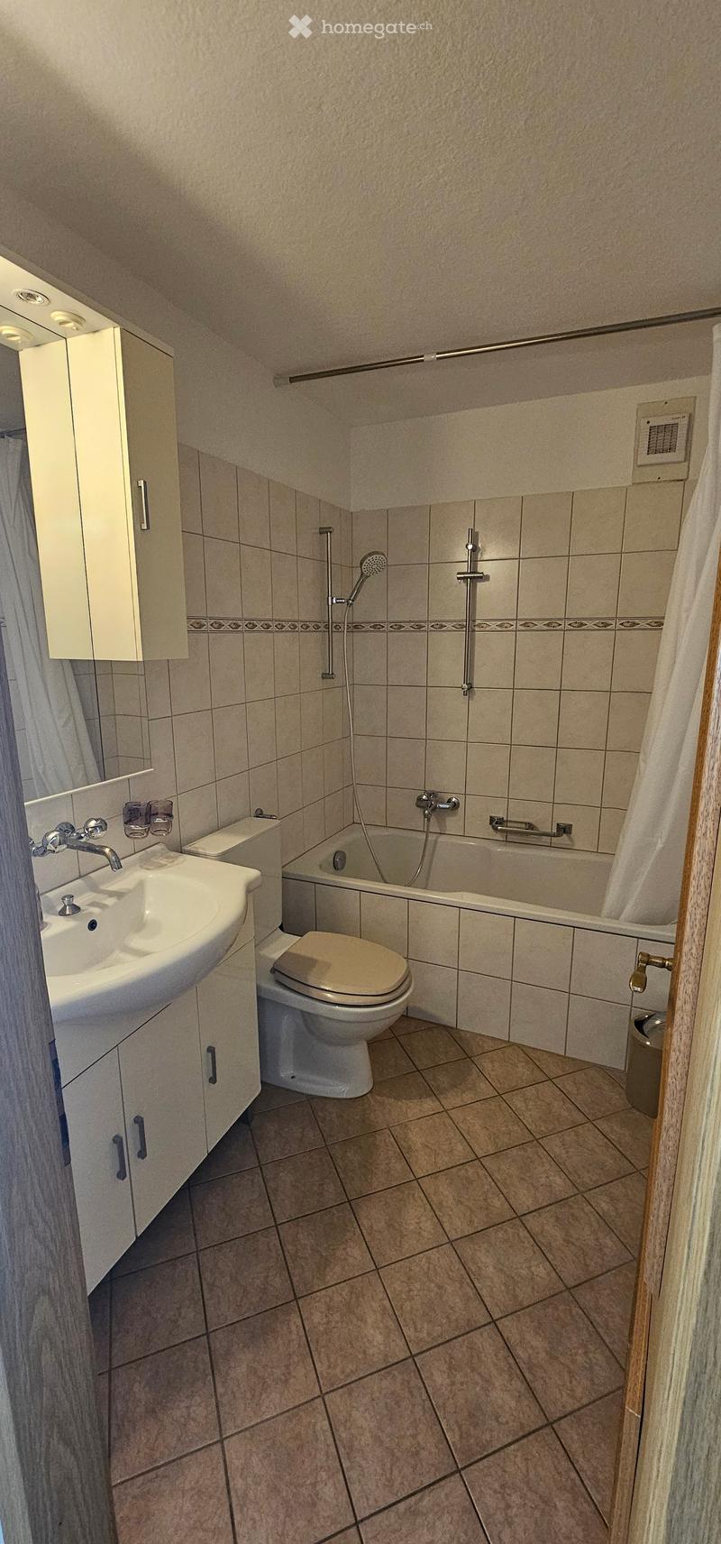 Bathroom with beige tiles, a sink with a faucet, a toilet, a bathtub with a shower, and a cabinet with a mirror.