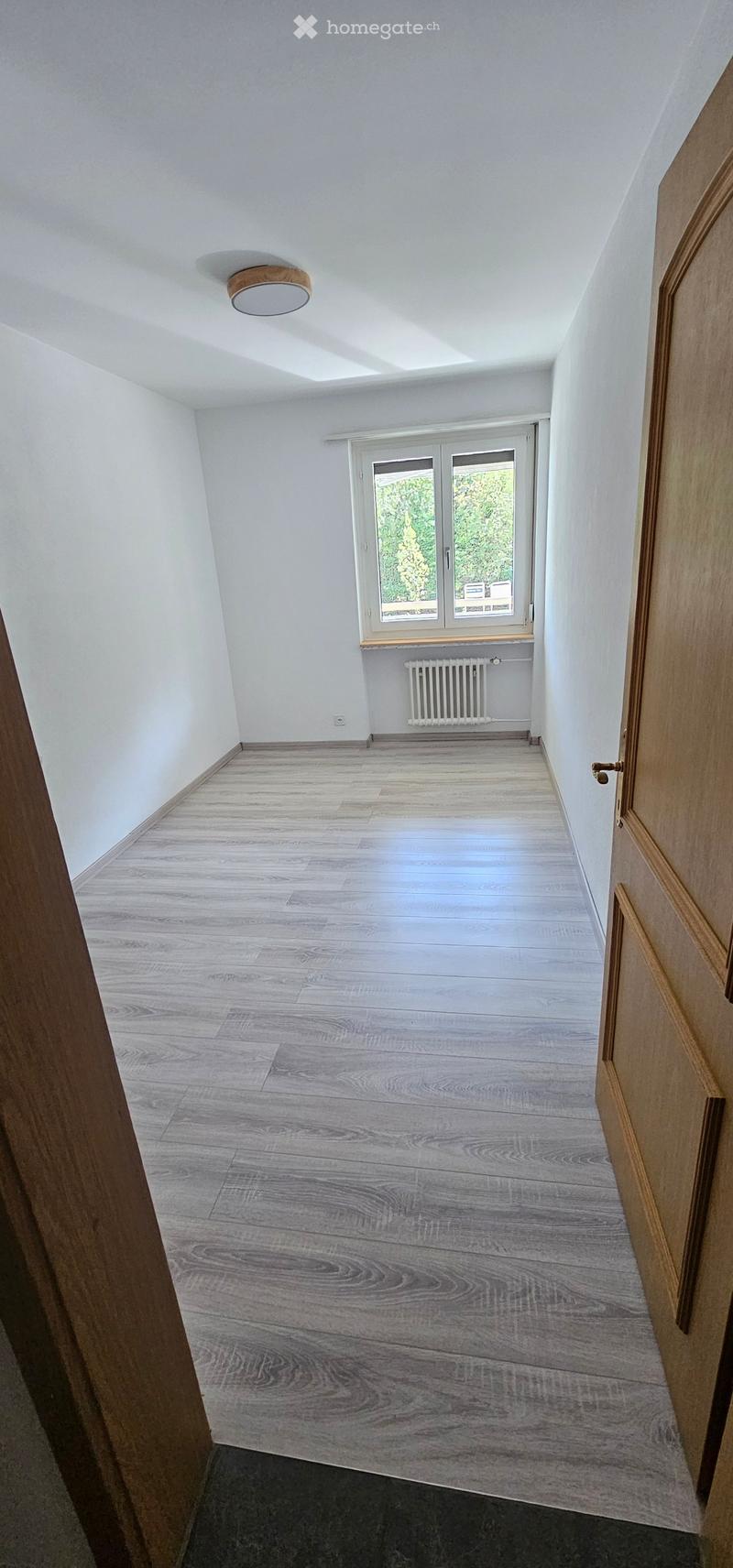 Empty room with light wooden flooring, white walls, and a window with a radiator below it. The room has a modern, minimalist design with a recessed ceiling light.