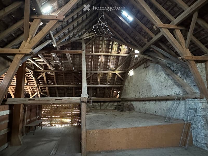 An empty attic space with exposed wooden beams and a high, vaulted ceiling. The walls are unfinished, with visible stone and plaster surfaces. There are no furnishings or decorations present.