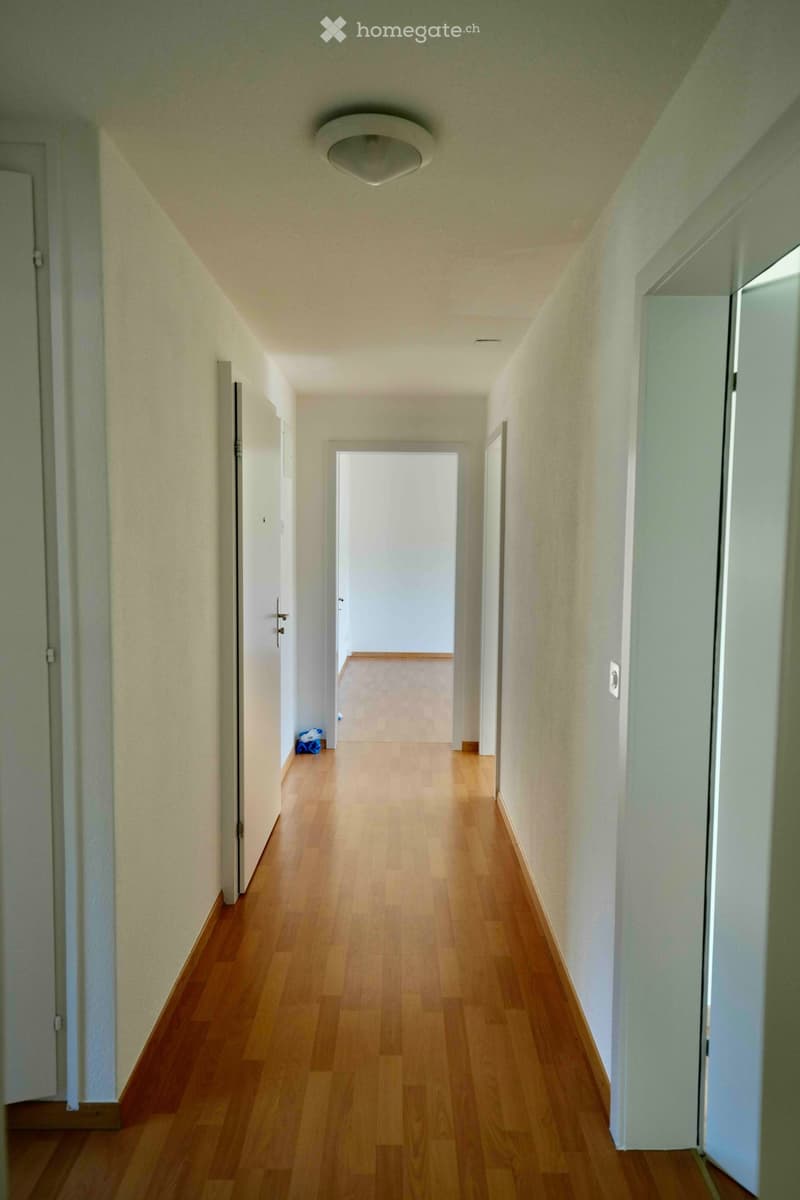 Empty hallway with wooden flooring, white walls, and several doors on both sides. A ceiling light fixture is visible, and the hallway leads to an open doorway at the end.