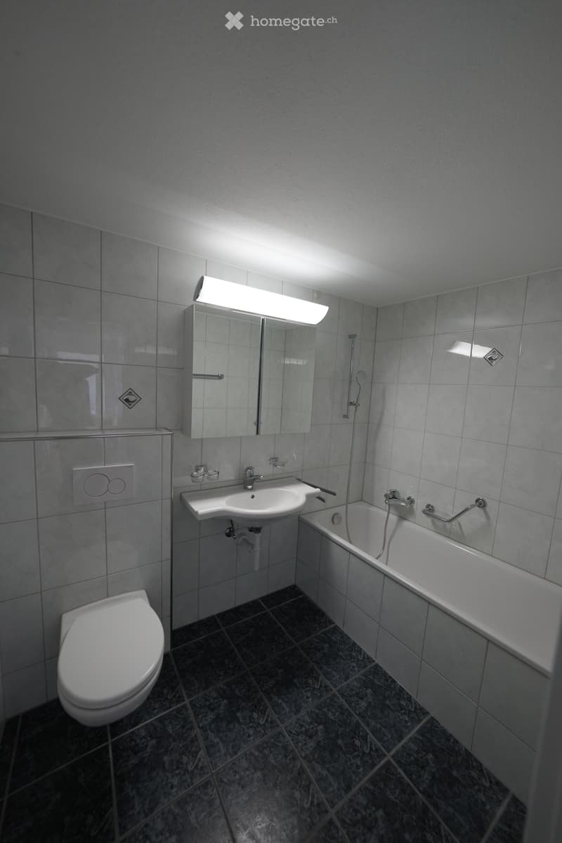Modern bathroom with a toilet, sink, bathtub, mirror, and light fixture. The walls are tiled, and the floor is made of dark tiles.
