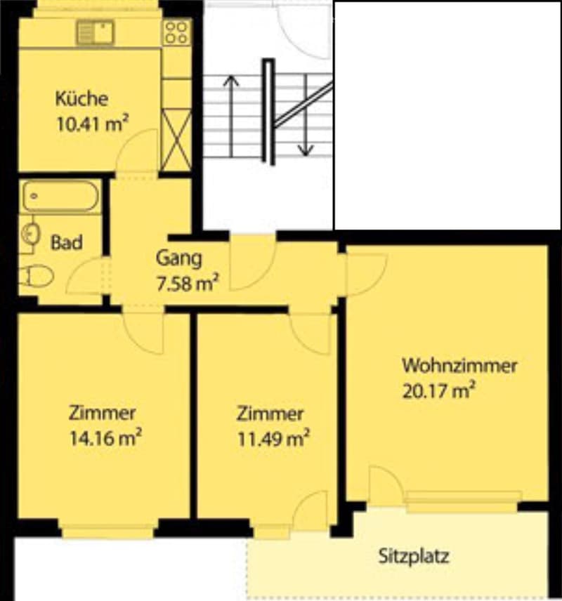 Floor plan showing a kitchen, bathroom, hallway, living room, two bedrooms, and a seating area.