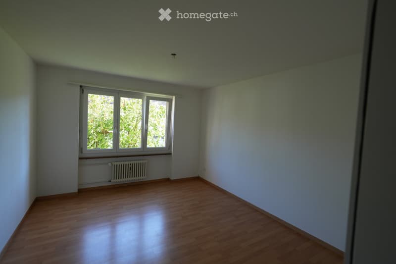 Empty room with wooden flooring, white walls, and a large window with multiple panes allowing natural light to enter. A radiator is visible below the window.