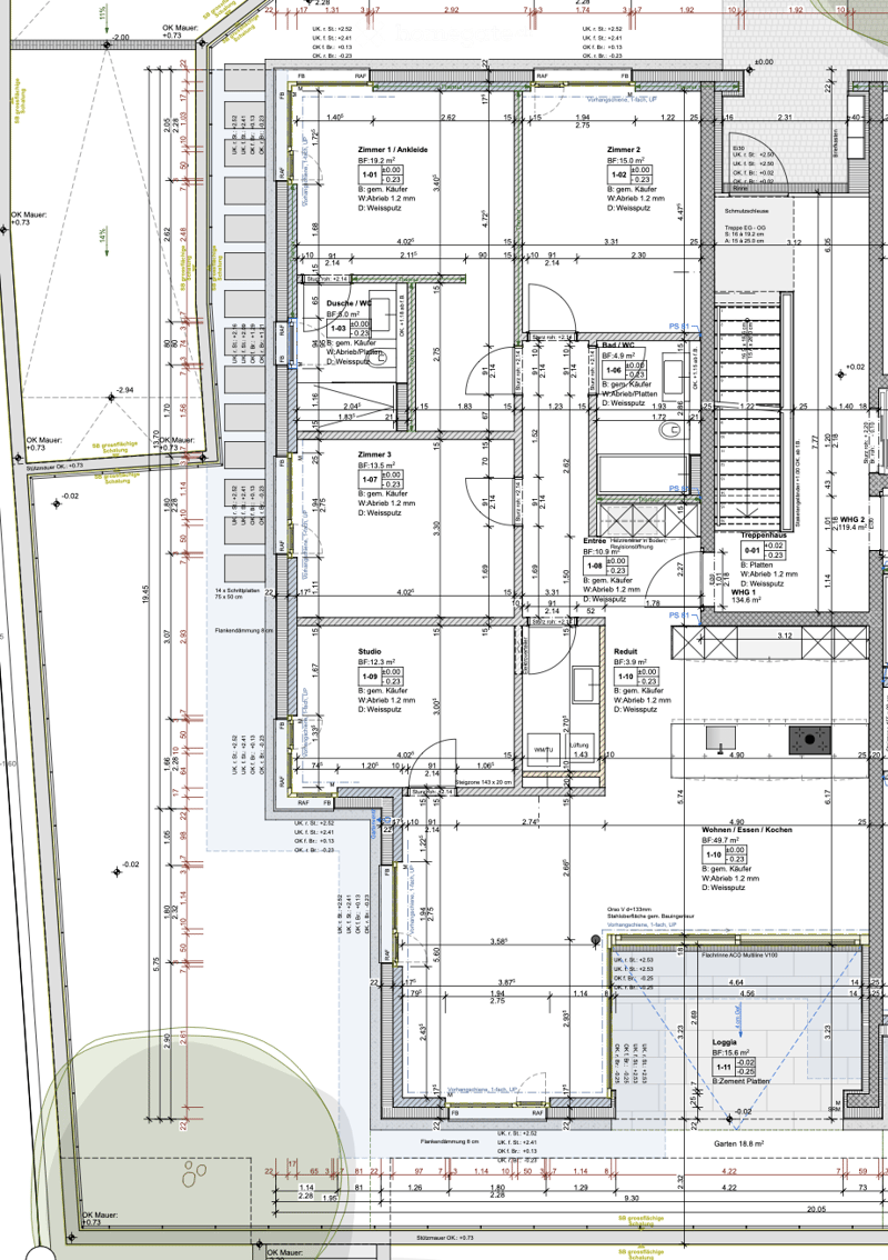 Floor plan showing multiple rooms including living room, kitchen, bedrooms, bathrooms, entrance, studio, and garden.