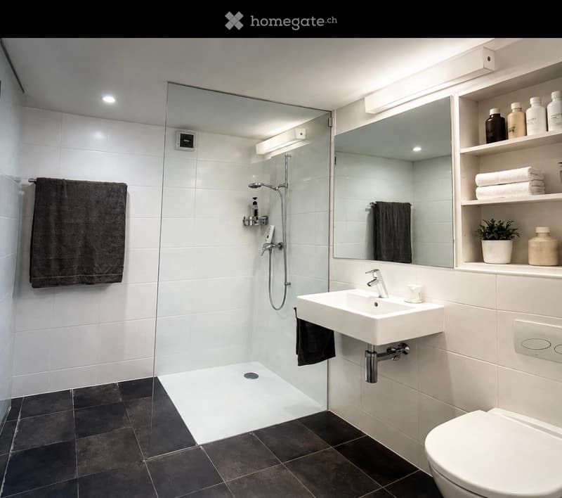Modern bathroom with white tiles, a glass-enclosed shower, a white sink with a modern faucet, a toilet, a large mirror, and a shelf with towels and toiletries.