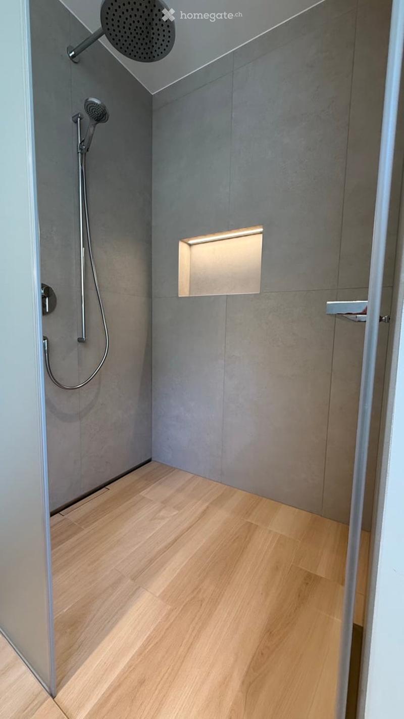 Modern bathroom with grey tiled walls, wooden floor, and a sleek shower setup featuring a handheld showerhead and a built-in light fixture.