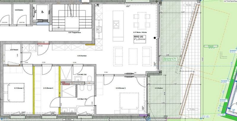Floor plan of a multi-room apartment including living room, kitchen, bedrooms, bathrooms, and balcony.
