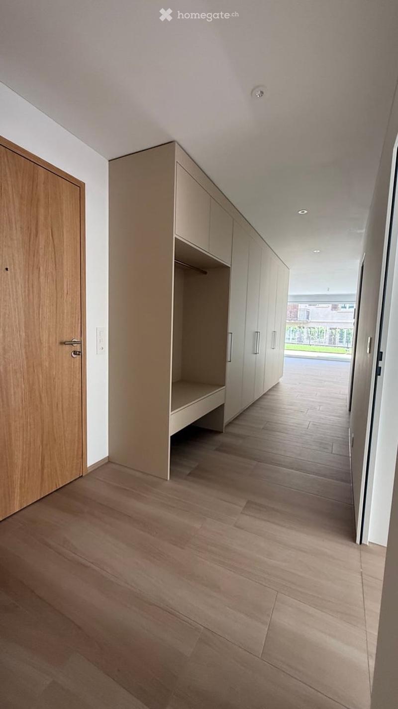Modern hallway with light wooden flooring, white walls, built-in storage units, and recessed lighting.