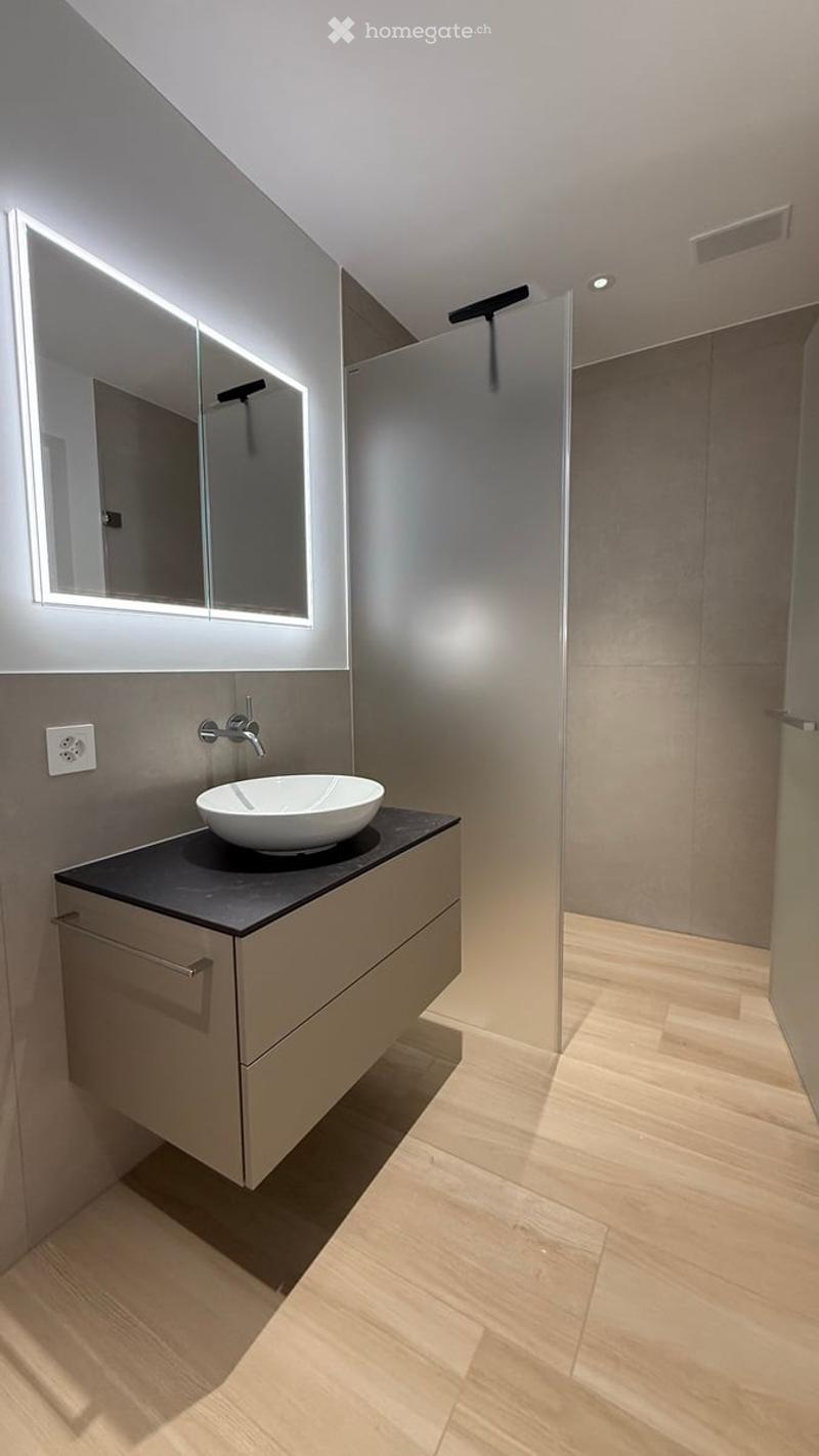 Modern bathroom with a sleek, minimalist design. Features a white sink on a dark countertop, a large illuminated mirror, and a glass shower enclosure.