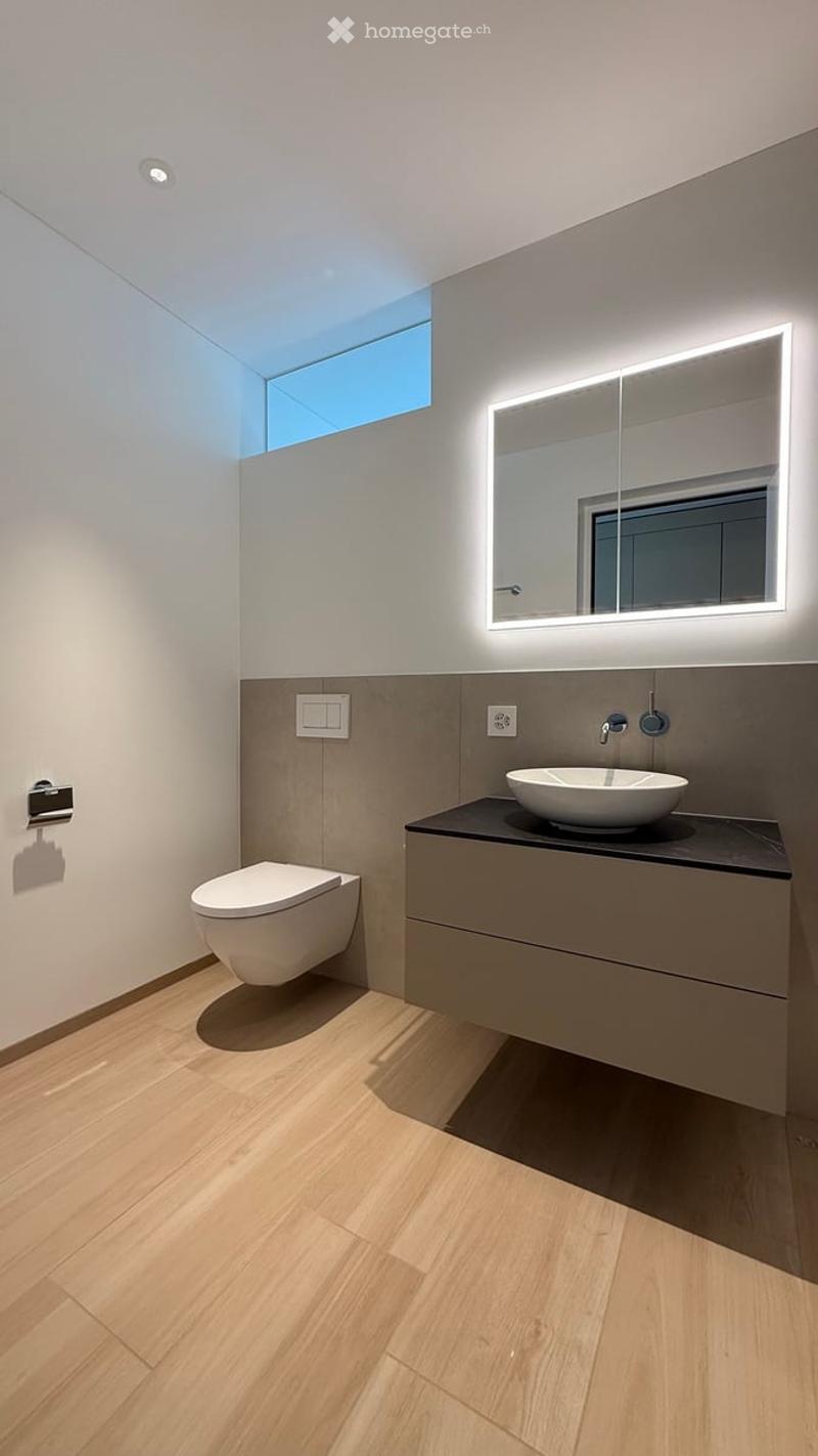 Modern bathroom with light wood flooring, a floating vanity with a sink, a toilet, and a large illuminated mirror above the sink. The room features a skylight window and sleek, contemporary design.