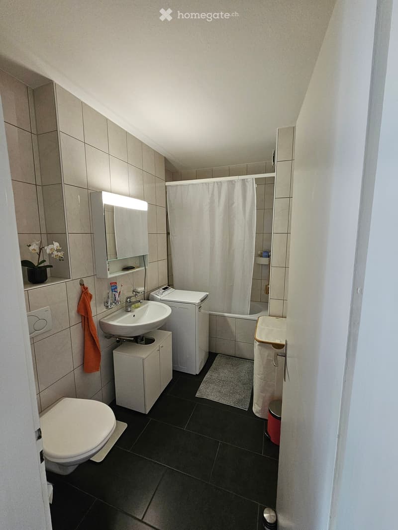 Modern bathroom with dark tiled floor, white fixtures including toilet, sink, and bathtub, a shower curtain, a mirror with a built-in light, a small cabinet, and a washing machine.