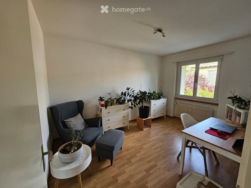 A cozy living room with wooden flooring, a grey sofa, a small round table with a plant, a white desk with a laptop, and several potted plants on shelves and stands.