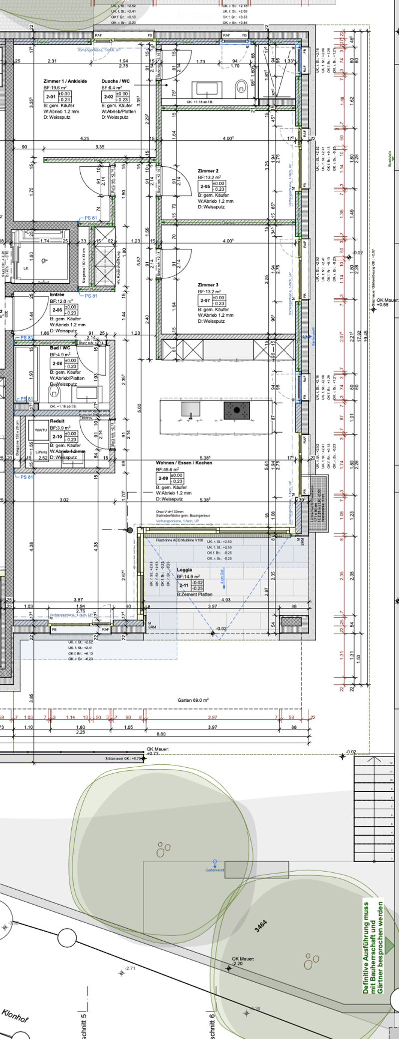 Floor plan of a residential building showing multiple rooms including living room, kitchen, bedrooms, bathrooms, and a garden area.