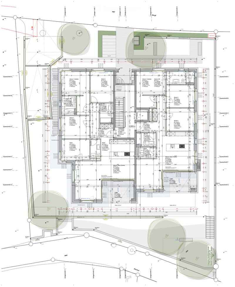 Floor plan of a residential building showing multiple rooms, including bedrooms, bathrooms, kitchen, living areas, and outdoor spaces. Includes labeled dimensions, cross-sections, and garden areas.