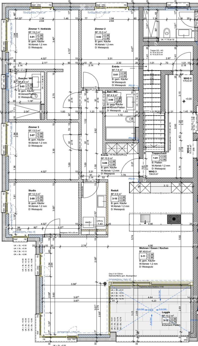Floor plan of a multi-room residential space including living room, kitchen, bedrooms, bathrooms, entrance, staircase, and utility areas.