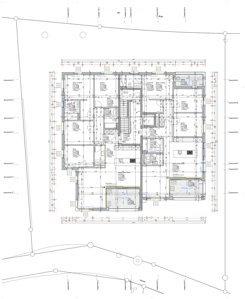 Floor plan of a multi-level building with labeled rooms, dimensions, and cross-sections. Includes living spaces, bedrooms, bathrooms, kitchen, and terrace.