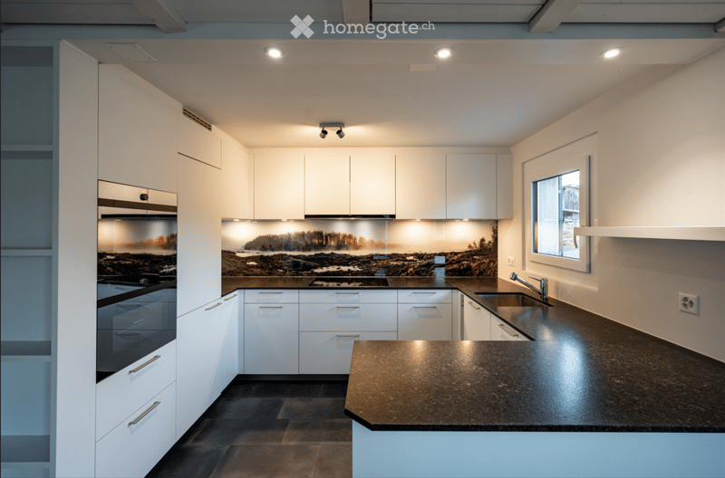 Modern kitchen with white cabinets, granite countertop, stainless steel appliances, and a scenic backsplash mural.