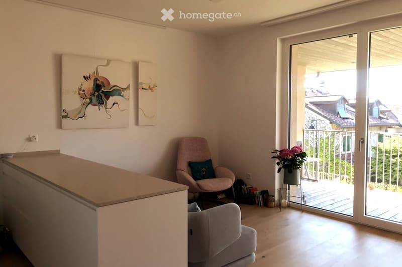 Modern living room with light-colored walls, wooden flooring, and large sliding glass doors leading to a balcony. Features a pink armchair, a grey sofa, a small table with a vase of flowers, and artwork on the walls.