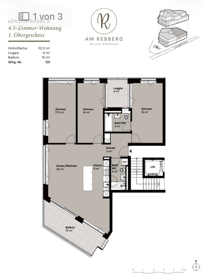Floor plan of a 4.5-room apartment on the first upper floor, featuring three bedrooms, a living/dining area, kitchen, bathroom, entrance, loggia, and balcony.