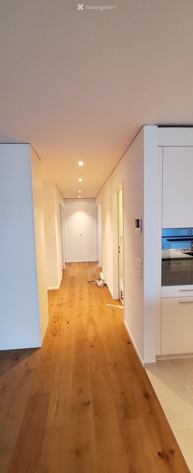 A narrow hallway with light wooden flooring, white walls, and recessed ceiling lights. The hallway leads to a partially visible kitchen area with white cabinets and a blue appliance.