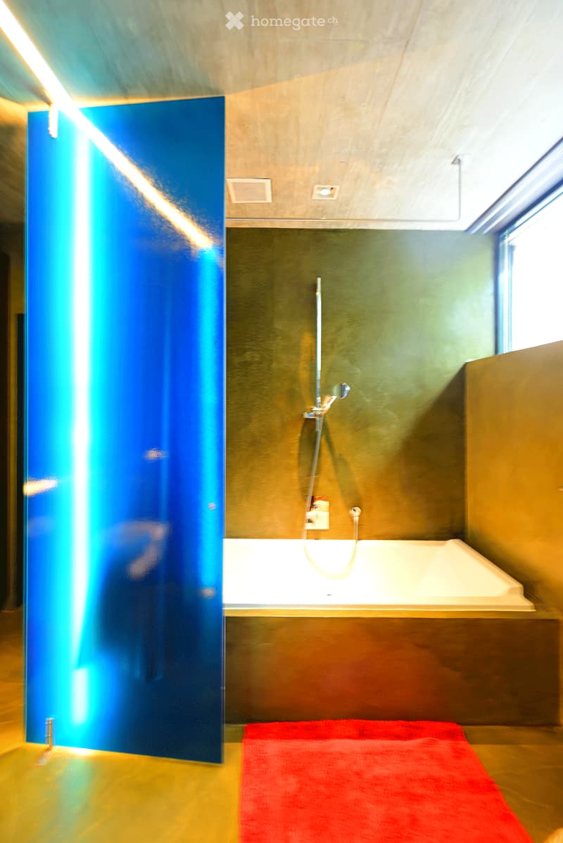 Modern bathroom with a bathtub, shower, and a red bath mat on the floor.