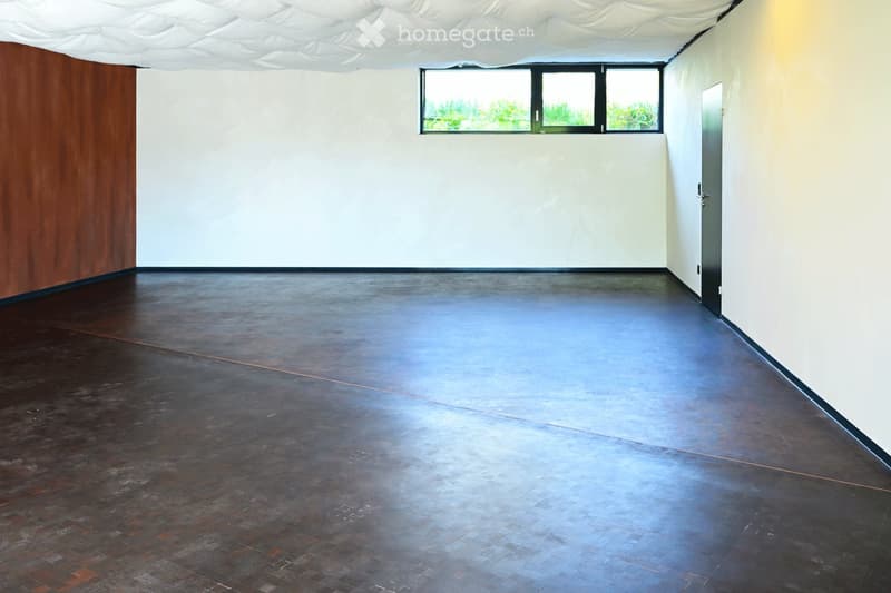 Empty room with bare walls, dark polished concrete floor, and a large window with black frame. No furniture or equipment present.