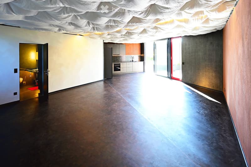 A modern, minimalist hallway with dark wooden flooring, white walls, and a textured white ceiling. The hallway features an open doorway to a kitchen area with white cabinets and stainless steel appliances, and another doorway to a bathroom with a visible