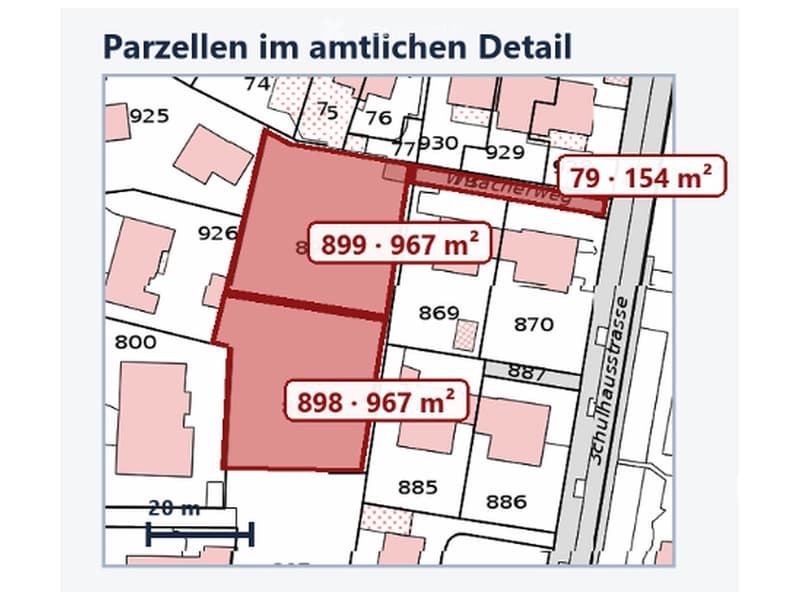 Floor plan showing multiple plots with area measurements in square meters, labeled with plot numbers and dimensions.