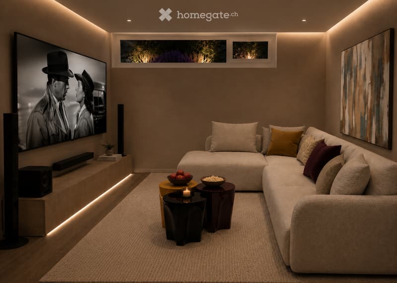 Living Room. Modern living room with a large sectional sofa, coffee table, small side tables, decorative bowls, a large screen, speakers, and artwork on the walls.