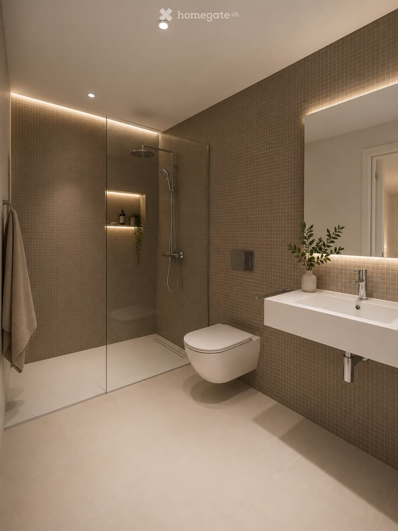 Modern bathroom with beige tiles, a glass-enclosed shower, a floating toilet, a sleek sink with a modern faucet, and a large mirror with integrated lighting. A small plant adds a touch of greenery.