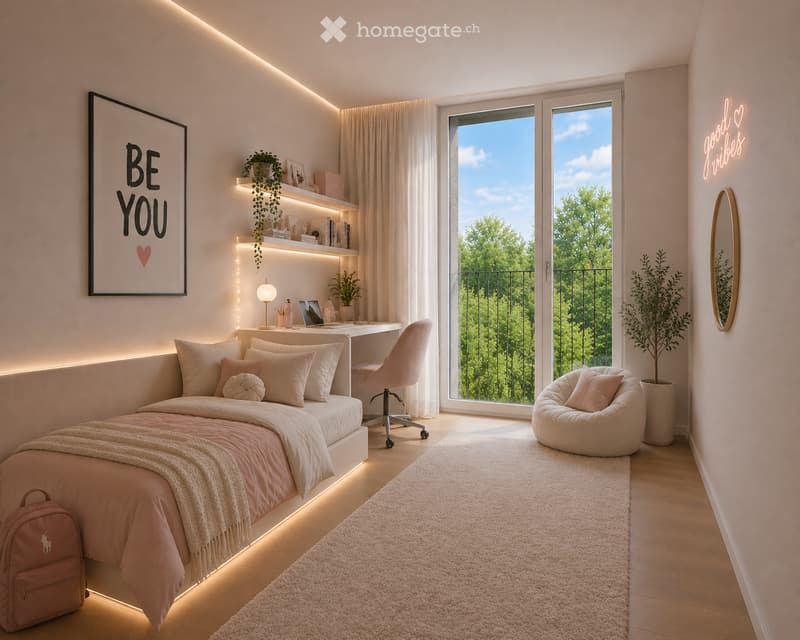Cozy bedroom with a bed, desk, chair, laptop, and a view of greenery through large windows. Features a round pouf, a plant, and a mirror on the wall.