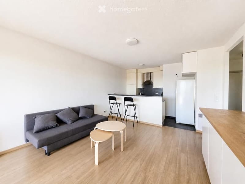 Modern, open-concept living and dining area with a grey sofa, coffee table, two stools, and two bar chairs near a kitchen counter. The space features light wooden flooring and white cabinetry.