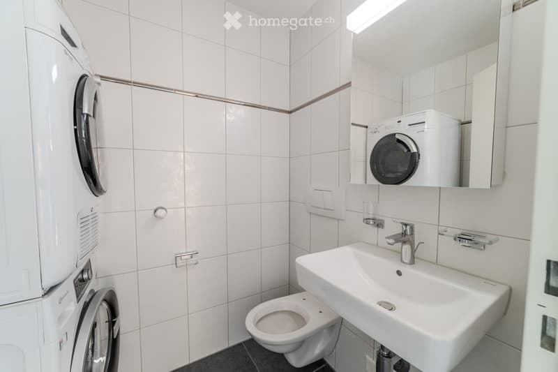 Modern bathroom with white tiles, a sink, toilet, and a washing machine. Features a mirror above the sink and a glass shelf.